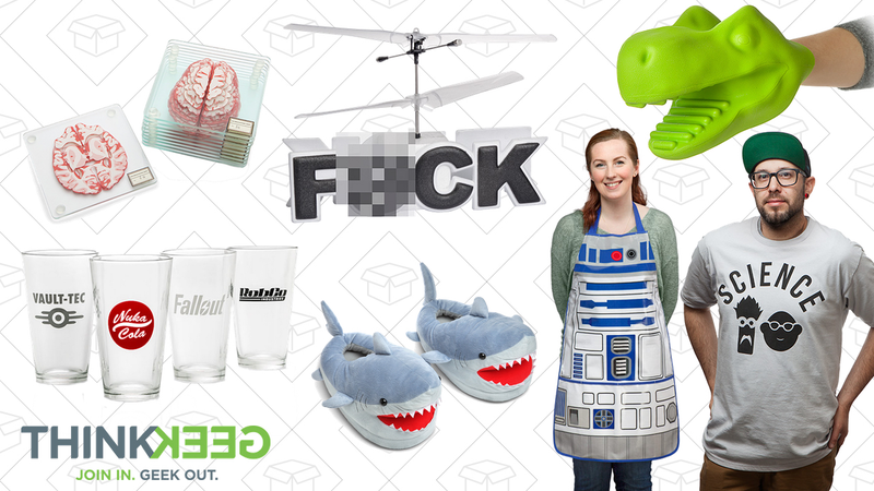 Brain Specimen Coasters, $16 | Fallout Pint Glass 4-Pack, $23 | Flying F#CK R/C Helicopter, $18 | Shark Plush Slippers for Grown Ups, $17 | T-Rex Oven Mitt, $10 | R2-D2 BBQ Apron, $15 | Science! Beaker & Honeydew Tee, $16
